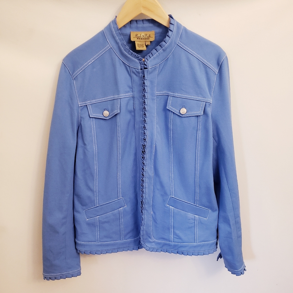 Peck & Peck Cotton Blue With White Stitching Structured Lightweight Jacket, 16